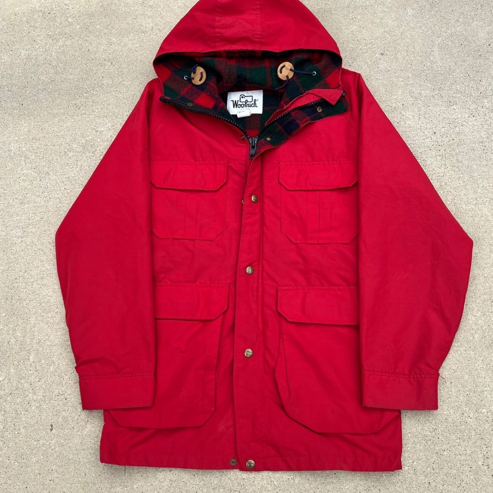 Woolrich Mountain Parka Mens Small Red Plaid Lined Hooded Utility Jacket 7310